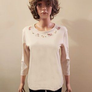 NIKKI Buff Embroidered Multi Floral below Neckline Top Size S NWT